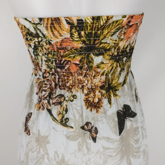 Women's Dress Size Med Cream Orange Butterflies Shirring Maxi High Low Hem Bow - Picture 8 of 10